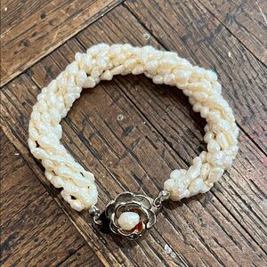 Cream Braided Freshwater Pearl Bracelet with Floral Clasp